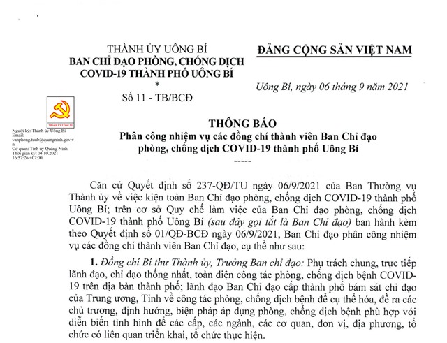 Thông báo phân công nhiệm vụ các đồng chí thành viên Ban chỉ đạo phòng, chống Covid-19 thành phố Uông Bí