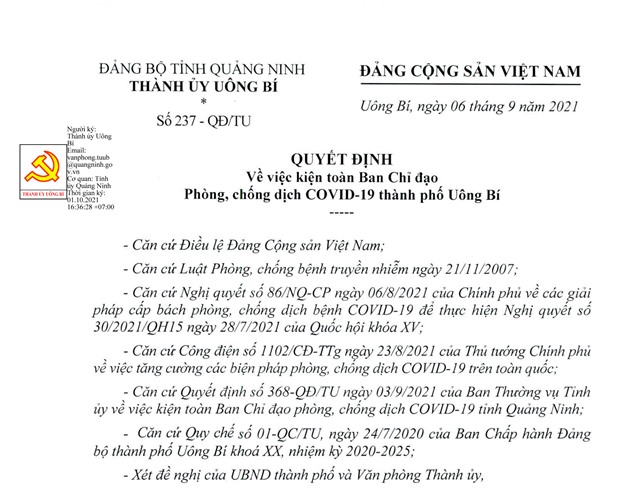 Quyết định kiện toàn Ban chỉ đạo phòng, chống dịch Covid-19 thành phố Uông Bí