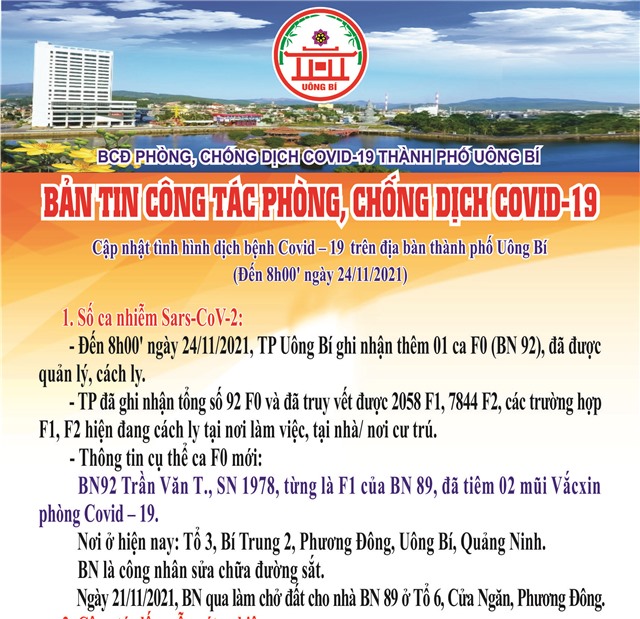 Cập nhật tình hình dịch bệnh Covid-19 trên địa bàn thành phố Uông Bí (Đến 8h00' ngày 24/11/2021)