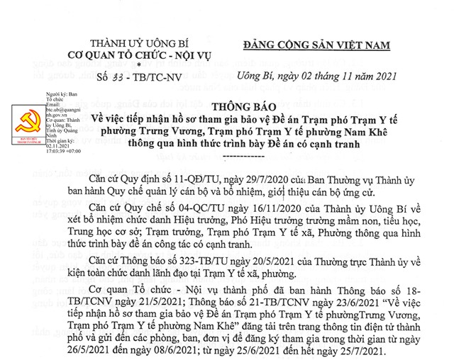 Thông báo về việc tiếp nhận hồ sơ tham gia bảo vệ Đề án Trạm phó Trạm Y tế phường Trưng Vương, Trạm phó Trạm Y tế phường Nam Khê thông qua hình thức trình bày Đề án có cạnh tranh