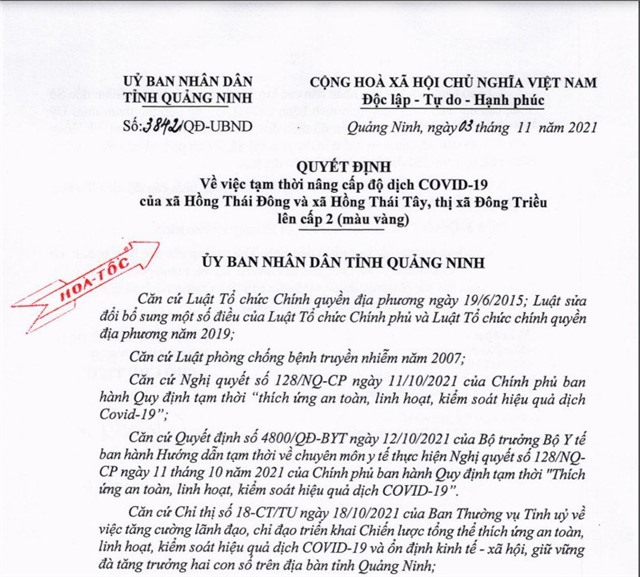 Quyết định về việc tạm thời nâng cấp độ dịch COVID-19 của xã Hồng Thái Đông và xã Hồng Thái Tây, thị xã Đông Triều lên cấp 2 (màu vàng)