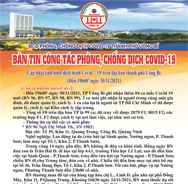 Cập nhật tình hình dịch bệnh Covid-19 trên địa bàn thành phố Uông Bí (Đến 19h00' ngày 30/11/2021)