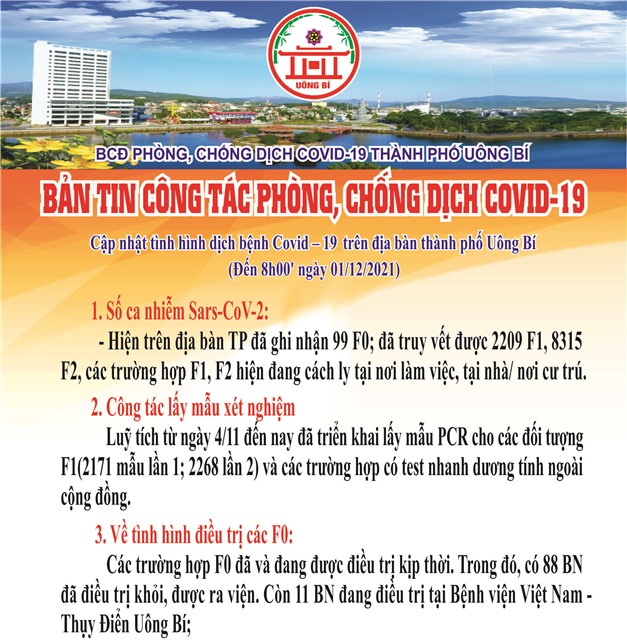 Cập nhật tình hình dịch bệnh Covid-19 trên địa bàn thành phố Uông Bí (Đến 8h00' ngày 01/12/2021)