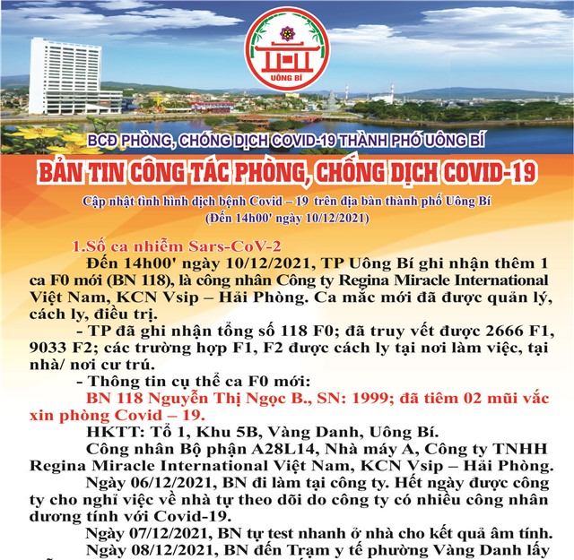 Cập nhật tình hình dịch bệnh Covid-19 trên địa bàn thành phố Uông Bí (đến 14h00' ngày 10/12/2021)