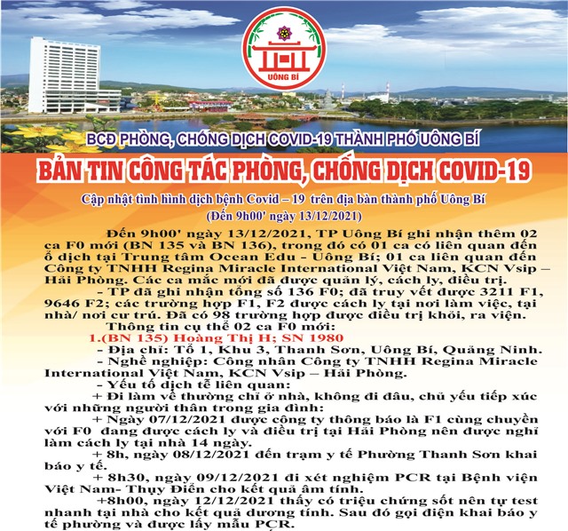 Cập nhật tình hình dịch bệnh Covid-19 trên địa bàn thành phố Uông Bí (đến 9h00' ngày 13/12/2021)