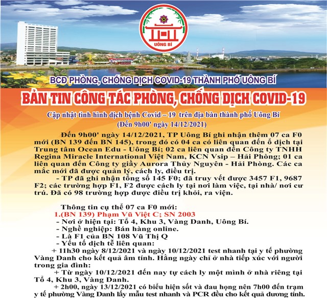 Cập nhật tình hình dịch bệnh Covid-19 trên địa bàn thành phố Uông Bí (đến 09h00' ngày 14/12/2021)