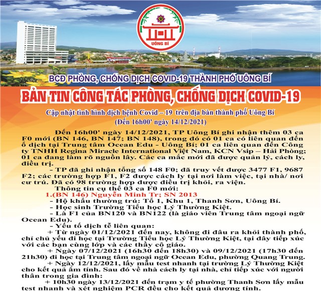 Cập nhật tình hình dịch bệnh Covid-19 trên địa bàn thành phố Uông Bí (đến 16h00' ngày 14/12/2021)