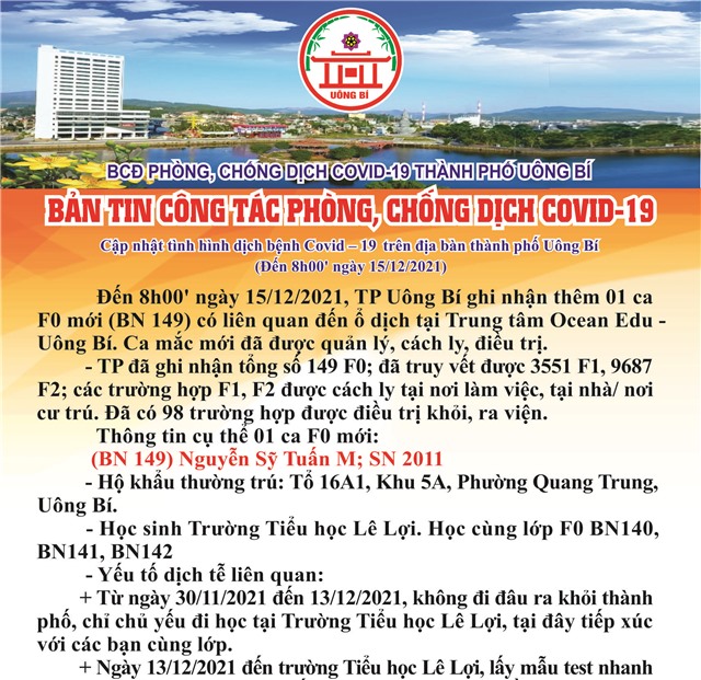 Cập nhật tình hình dịch bệnh Covid-19 trên địa bàn thành phố Uông Bí (đến 08h00' ngày 15/12/2021)