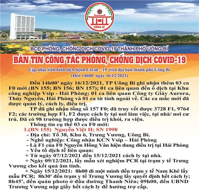 Cập nhật tình hình dịch bệnh Covid-19 trên địa bàn thành phố Uông Bí (đến 14h00' ngày 16/12/2021)