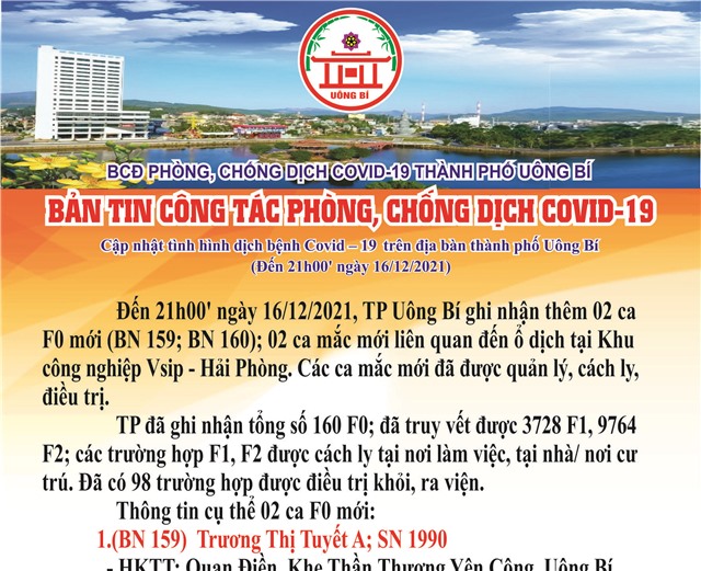 Cập nhật tình hình dịch bệnh Covid-19 trên địa bàn thành phố Uông Bí (đến 21h00' ngày 16/12/2021)