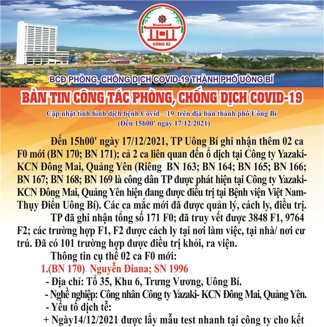 Cập nhật tình hình dịch bệnh Covid-19 trên địa bàn thành phố Uông Bí (đến 15h00' ngày 17/12/2021)
