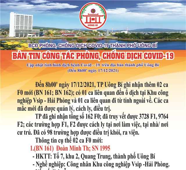 Cập nhật tình hình dịch bệnh Covid-19 trên địa bàn thành phố Uông Bí (đến 8h00' ngày 17/12/2021)