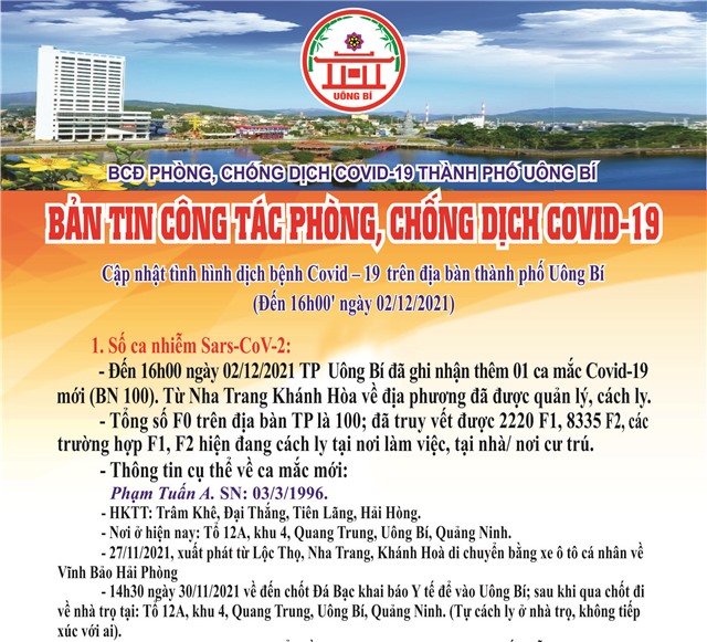 Cập nhật tình hình dịch bệnh Covid-19 trên địa bàn thành phố Uông Bí (Đến 16h00' ngày 02/12/2021)