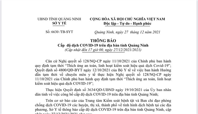 Thông báo cấp độ dịch COVID-19 trên địa bàn tỉnh Quảng Ninh
