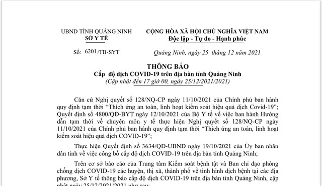 Thông báo cấp độ dịch COVID-19 trên địa bàn tỉnh Quảng Ninh đến 17h ngày 25/12/2021
