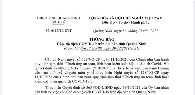 Thông báo cấp độ dịch Covid-19 trên địa bàn tỉnh Quảng Ninh (đến 17h00' ngày 30/12/2021)