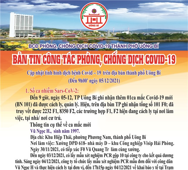Cập nhật tình hình dịch bệnh Covid-19 trên địa bàn thành phố Uông Bí (Đến 9h00' ngày 05/12/2021)