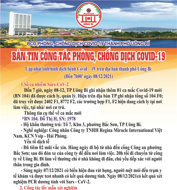 Cập nhật tình hình dịch bệnh Covid-19 trên địa bàn thành phố Uông Bí (đến 7h00' ngày 08/12/2021)