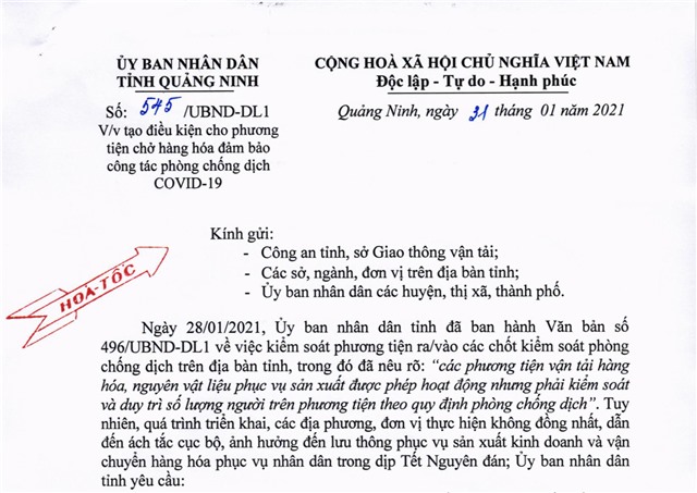 Tạo điều kiện cho phương tiện chở hàng hóa đảm bảo công tác phòng chống dịch COVID-19