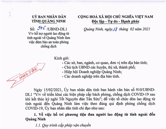 Hỗ trợ người lao động từ tỉnh ngoài về Quảng Ninh làm việc đảm bảo an toàn phòng, chống dịch