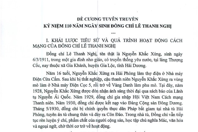 Đề cương tuyên truyền kỷ niệm 110 năm ngày sinh đồng chí Lê Thanh Nghị