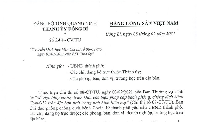 Công văn triển khai thực hiện Chỉ thị số 08-CT/TU ngày 02/02/2021 của BTV Tỉnh ủy