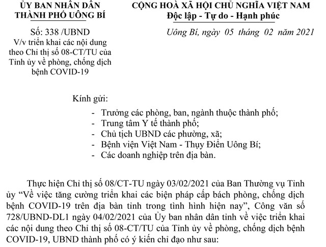 Triển khai các nội dung theo Chỉ thị số 08-CT/TU của Tỉnh ủy về phòng, chống dịch bệnh COVID-19
