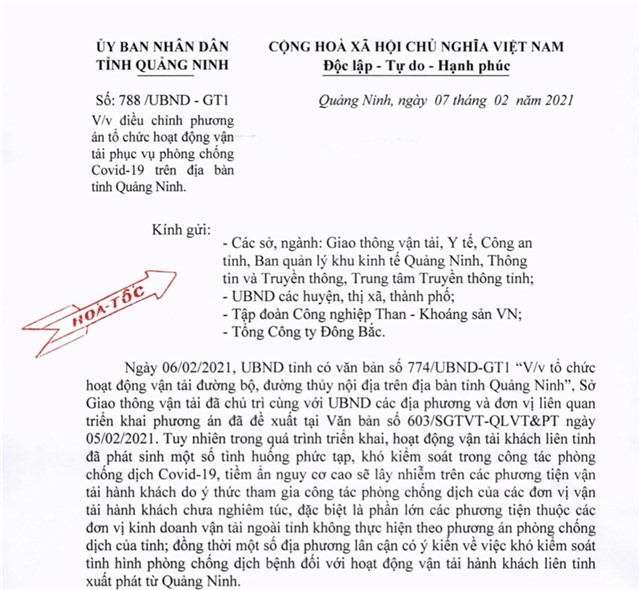 Tạm dừng hoạt động vận tải khách liên tỉnh từ 6h00 ngày 8/2/2021