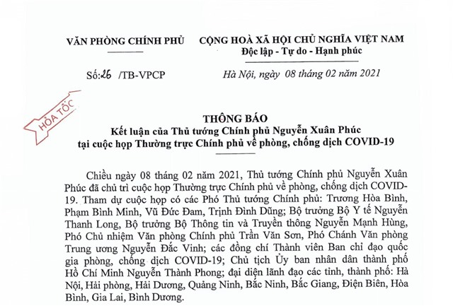 Thông báo Kết luận của Thủ tướng Chính phủ Nguyễn Xuân Phúc tại cuộc họp Thường trực Chính phủ về phòng, chống dịch COVID-19
