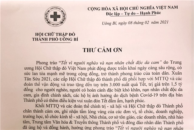 Thư cảm ơn của Hội Chữ thập đỏ thành phố Uông Bí