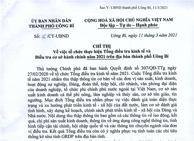 Chỉ thị về việc tổ chức thực hiện Tổng điều tra kinh tế và Điều tra cơ sở hành chính năm 2021 trên địa bàn thành phố Uông Bí