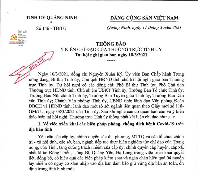 Thông báo ý kiến chỉ đạo của Thường trực Tỉnh ủy tại Hội nghị giao ban ngày 10/3/2021