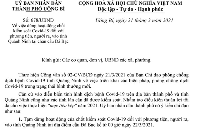 Dừng hoạt động chốt kiểm soát Covid-19 đối với phương tiện, người ra, vào tỉnh Quảng Ninh tại chân cầu Đá Bạc 