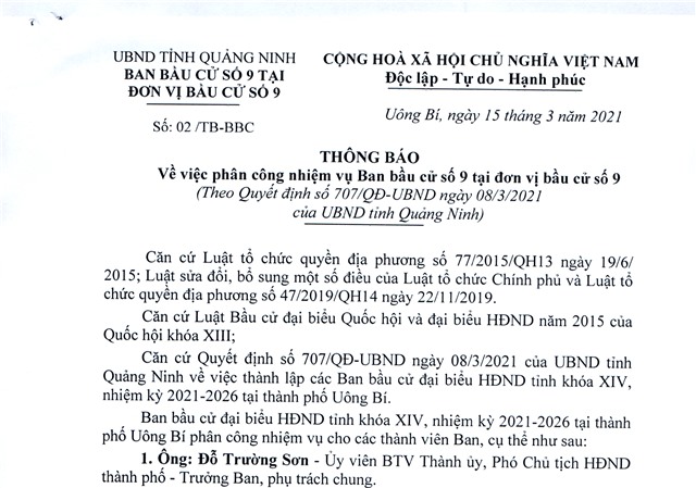 Thông báo V/v phân công nhiệm vụ Ban bầu cử số 9 tại đơn vị bầu cử số 9 