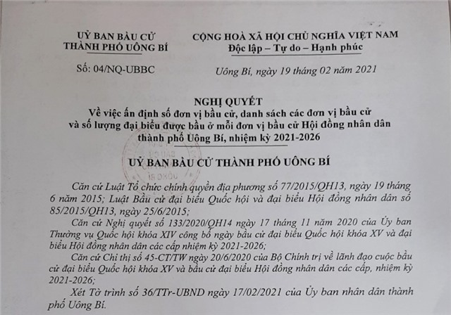 Ấn định số đơn vị bầu cử, danh sách các đơn vị bầu cử và số đại biểu được bầu cử ở mỗi đơn vị bầu cử đại biểu HĐND thành phố Uông Bí nhiệm kỳ 2021-2026