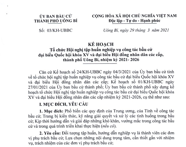 Kế hoạch tổ chức Hội nghị tập huấn nghiệp vụ công tác bầu cử đại biểu Quốc hội khoá XV và đại biểu Hội đồng nhân dân các cấp thành phố Uông Bí, nhiệm kỳ 2021-2026