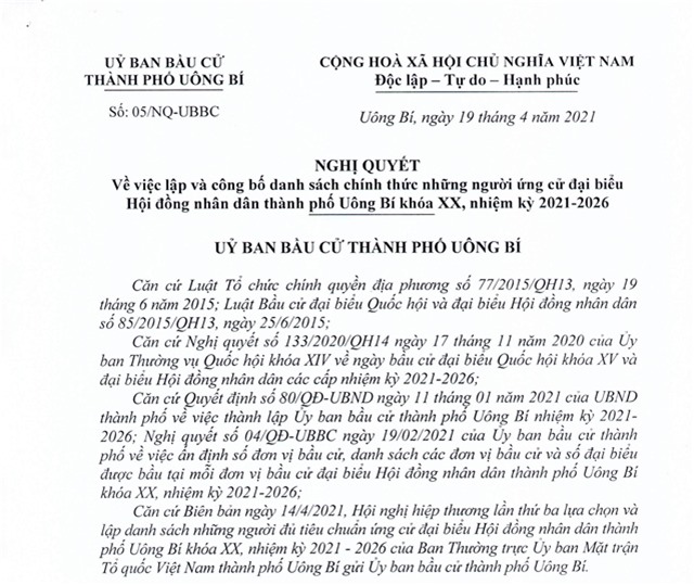 Nghị quyết về việc lập và công bố danh sách chính thức những người ứng cử đại biểu Hội đồng nhân dân thành phố Uông Bí khoá XX, nhiệm kỳ 2021 - 2026
