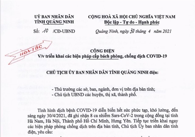 CÔNG ĐIỆN về việc triển khai các biện pháp cấp bách phòng, chống dịch bệnh covid-19