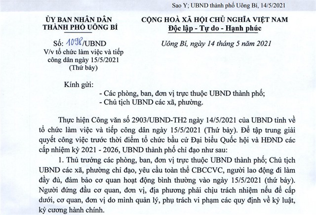 Tổ chức làm việc và tiếp công dân ngày 15/5/2021 (Thứ bảy)