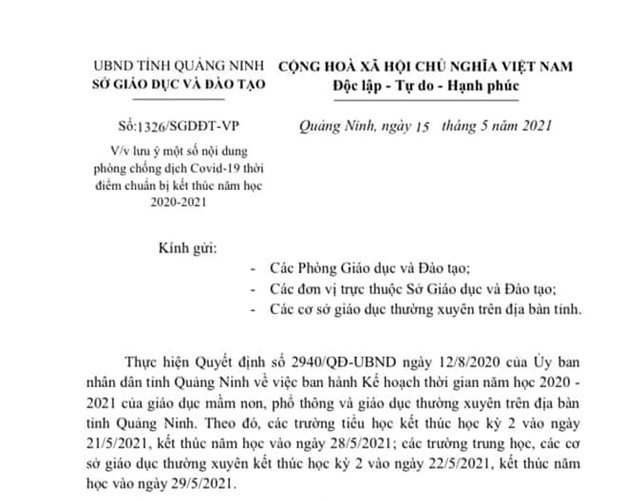 Lưu ý một số nội dung phòng, chống dịch Covid-19 thời điểm chuẩn bị kết thúc năm học 2020-2021