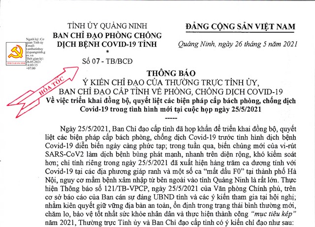 Thông báo ý kiến chỉ đạo của Thường trực Tỉnh ủy, Ban Chỉ đạo cấp tỉnh về phòng, chống dịch Covid-19 về việc triển khai đồng bộ, quyết liệt các biện pháp cấp bách phòng, chống dịch Covid-19 trong tình hình mới tại cuộc họp ngày 25/5/2021