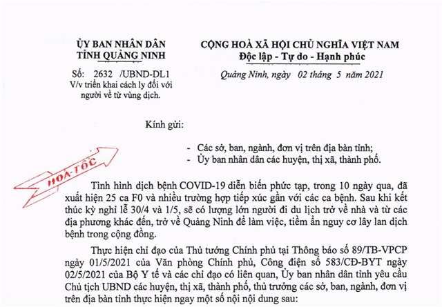 Quảng Ninh triển khai cách ly đối với người về từ vùng dịch từ 0h ngày 3/5