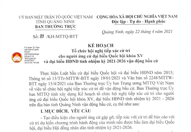 Kế hoạch tổ chức hội nghị tiếp xúc cử tri cho người ứng cử đại biểu Quốc hội khóa XV và đại biểu HĐND tỉnh nhiệm kỳ 2021-2026 vận động bầu cử