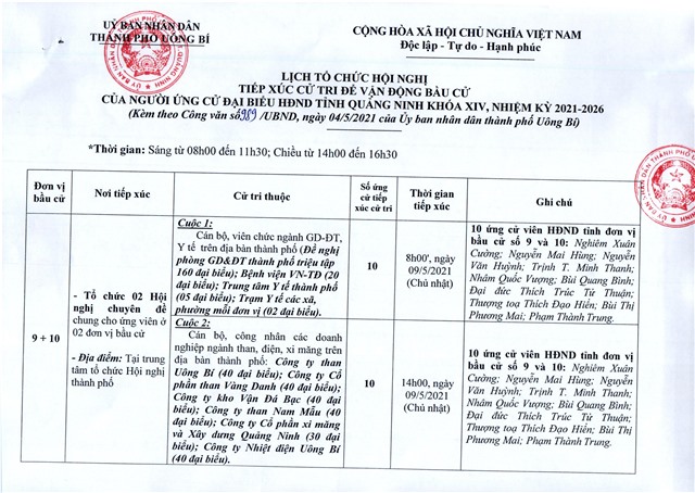 Lịch tổ chức hội nghị tiếp xúc cử tri để vận động bầu cử của người ứng cử Đại biểu HĐND tỉnh Quảng Ninh khóa XIV, nhiệm kỳ 2021-2026
