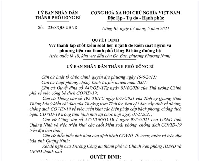 Thành lập chốt kiểm soát liên ngành để kiểm soát người và phương tiện vào TP Uông Bí bằng đường bộ