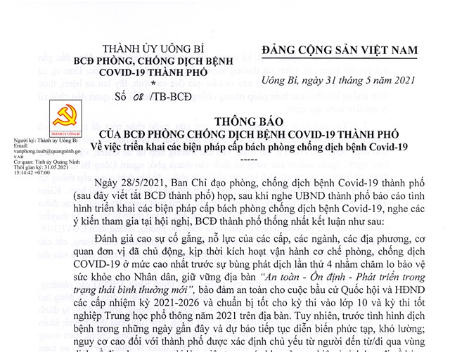 Thông báo của Ban Chỉ đạo phòng chống dịch bệnh Covid-19 thành phố về việc triển khai các biện pháp cấp bách phòng chống dịch bệnh Covid-19 