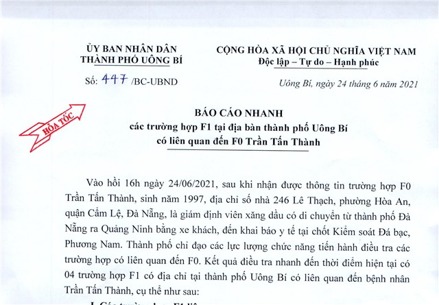 Các trường hợp F1 tại địa bàn thành phố Uông Bí có liên quan đến F0 Trần Tấn Thành