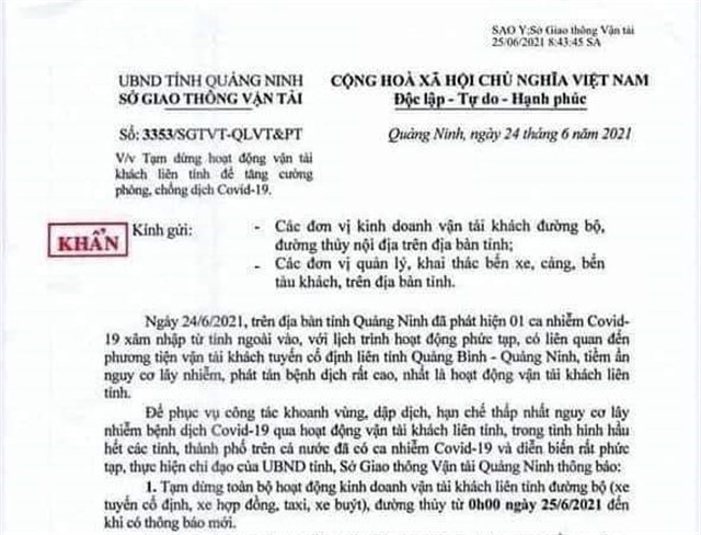 Quảng Ninh tạm dừng hoạt động vận tải khách liên tỉnh từ 0h00 ngày 25/6/2021 đến khi có thông báo mới