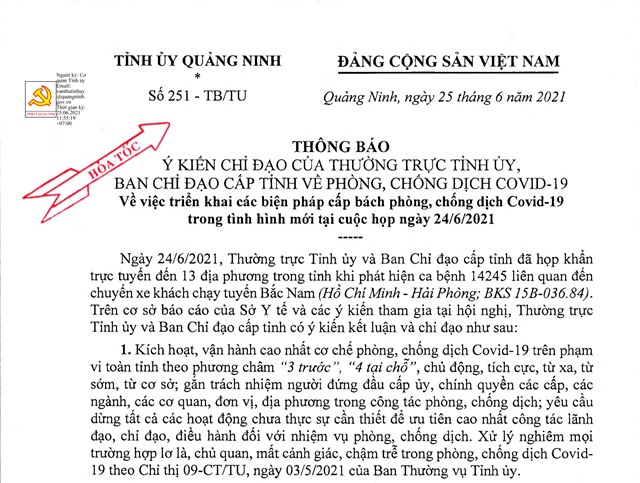 Thông báo ý kiến chỉ đạo của Thường trực Tỉnh ủy, Ban chỉ đạo cấp tỉnh về phòng, chống dịch COVID-19 về việc triển khai các biện pháp cấp bách phòng, chống dịch Covid-19 trong tình hình mới tại cuộc họp ngày 24/6/2021