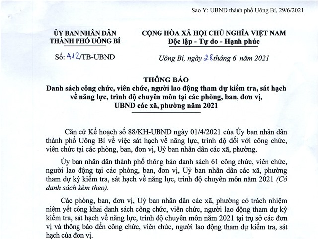 Danh sách công chức, viên chức, người lao động tham dự kiểm tra, sát hạch về năng lực, trình độ chuyên môn tại các phòng, ban, đơn vị, UBND các xã, phường năm 2021